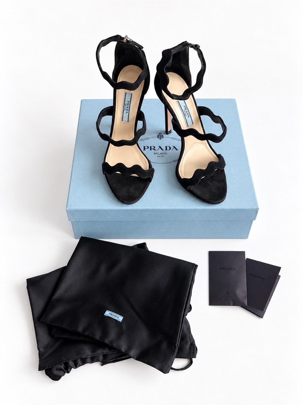 Prada Black Suede Wavy Strap Heels Size 36.5